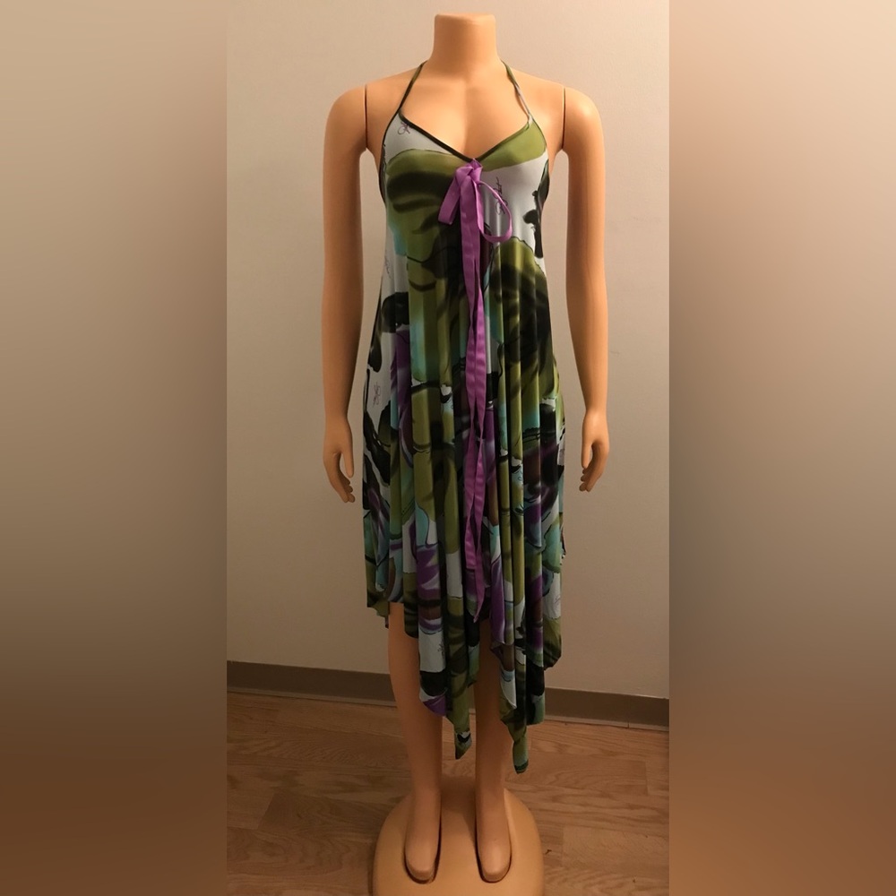 NWOT BABY PHAT BEAUTIFUL SILKY MULTI COLOR MAXI DRESS UNEVEN HEM SIZE M